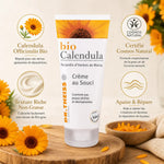 Crème Calendula bio Dr. Theiss avec fleurs fraîches et infographie des ingrédients naturels