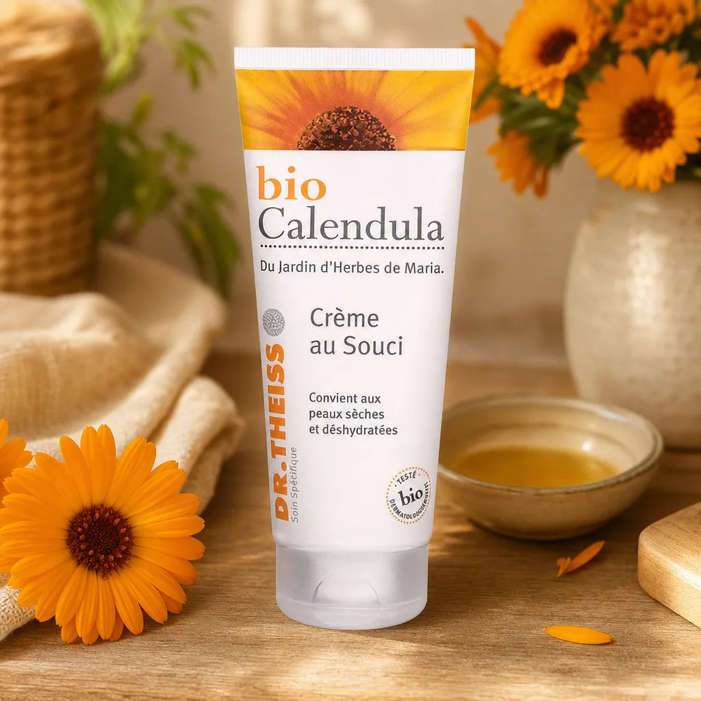 Crème au Souci Bio Calendula Dr. Theiss entourée de fleurs de calendula frais sur vanité wellness