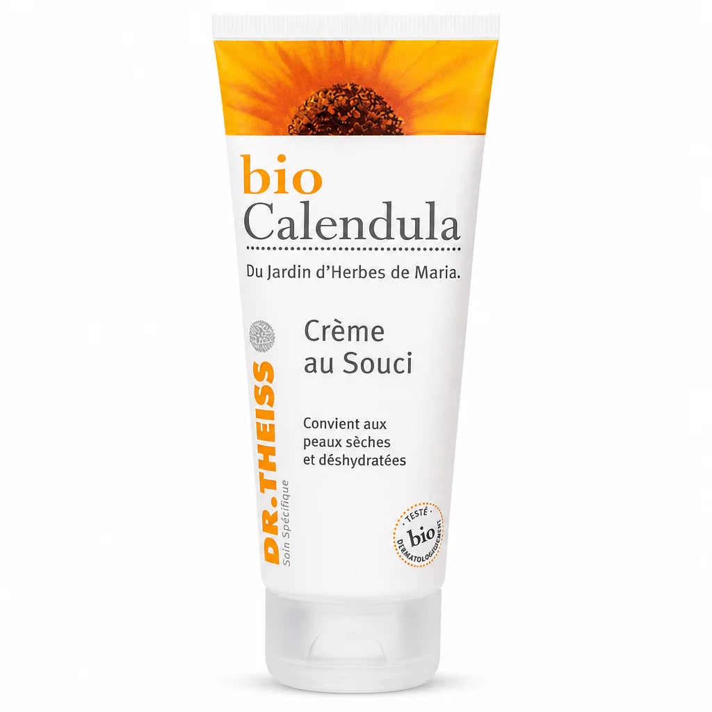 Tube de crème au souci bio Calendula Dr. Theiss sur fond blanc