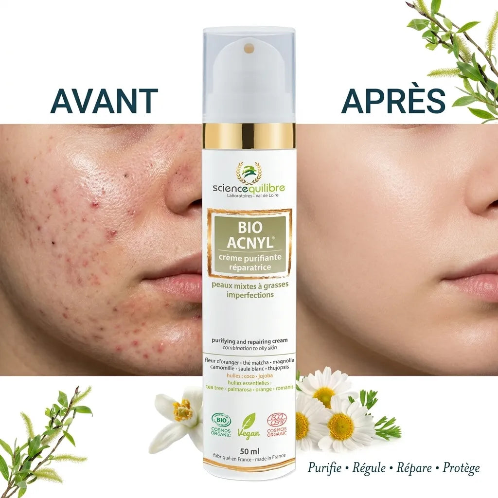 Crème BIO ACNYL avant-après : peau acnéique transformée en peau claire et radieuse