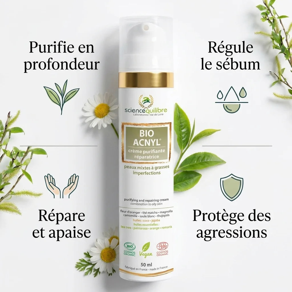 Crème BIO ACNYL avec 4 bénéfices : purifie, régule sébum, répare et protège