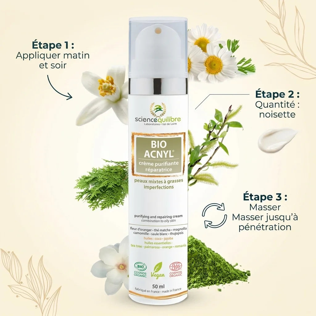 Crème BIO ACNYL anti-acné Science et Équilibre avec mode d'emploi et ingrédients naturels