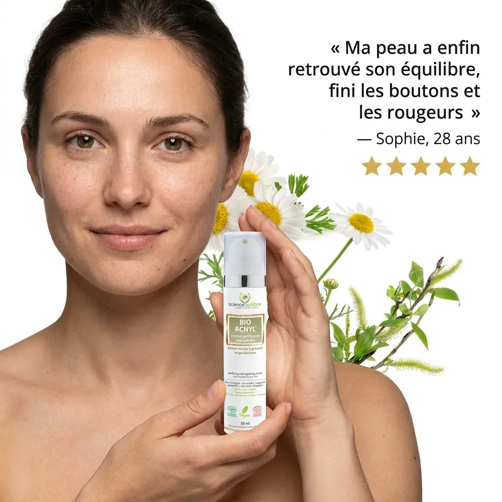Crème BIO ACNYL anti-acné en flacon avec témoignage client Sophie 5 étoiles