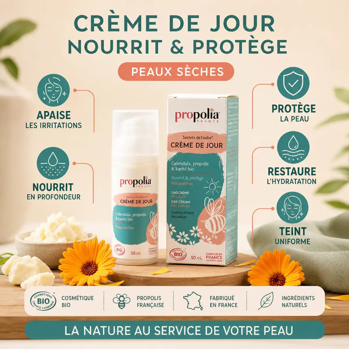 Crème de jour bio Propolia peaux sèches avec bénéfices : apaise, nourrit, hydrate et unifie