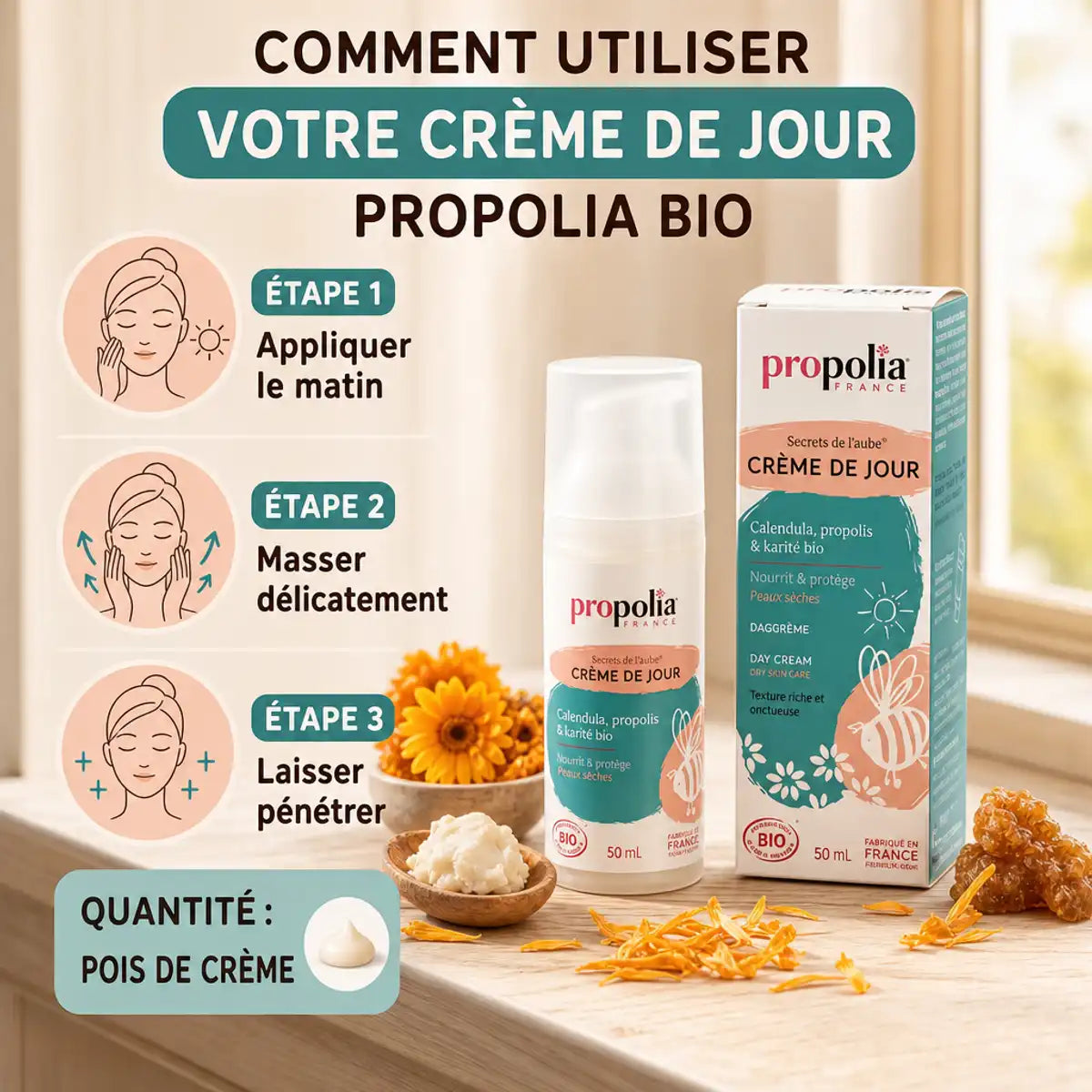 Crème de jour Bio Propolia peaux sèches avec guide d'application et ingrédients naturels