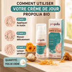 Crème de jour Bio Propolia peaux sèches avec guide d'application et ingrédients naturels