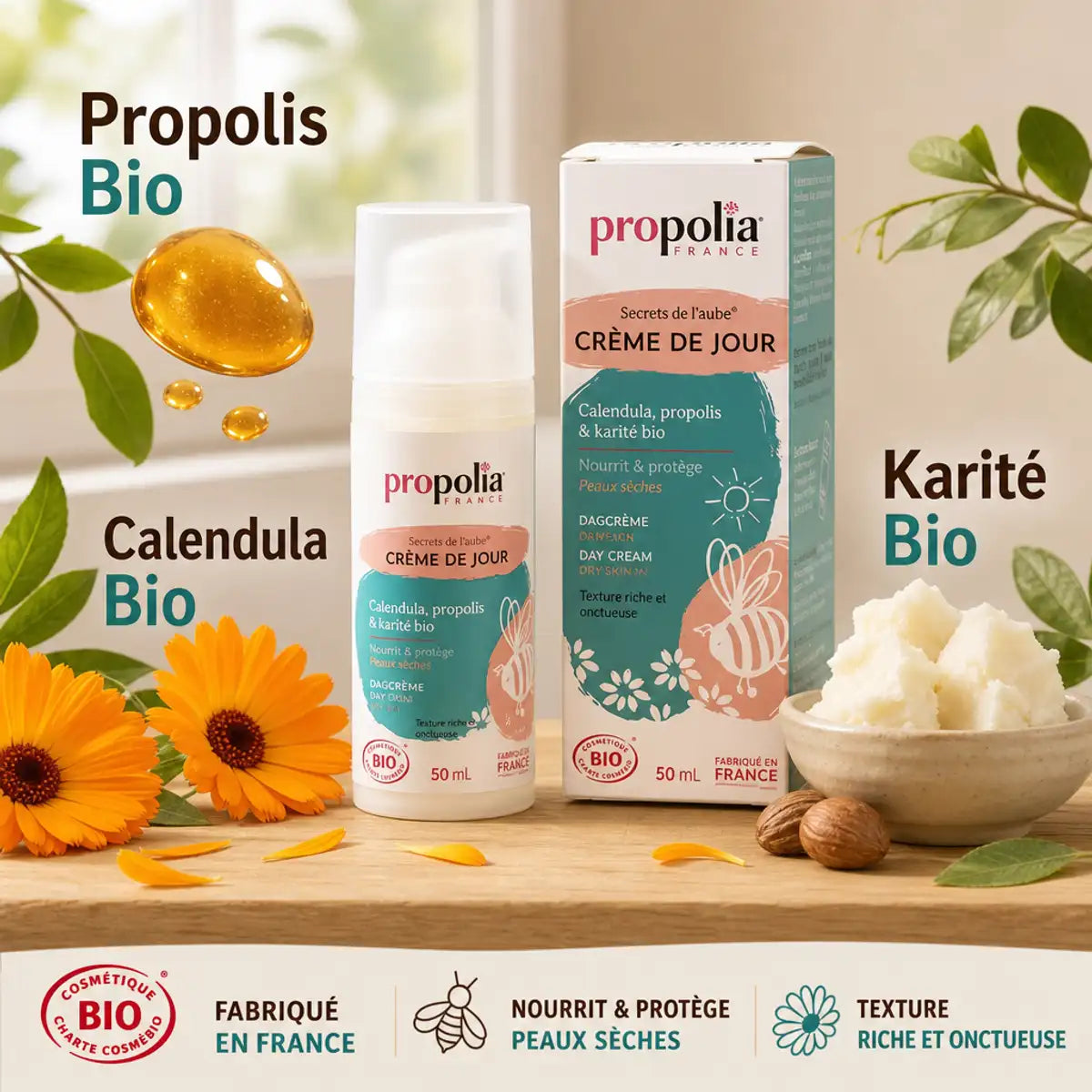 Crème de jour Bio Propolia peaux sèches avec propolis, calendula et karité