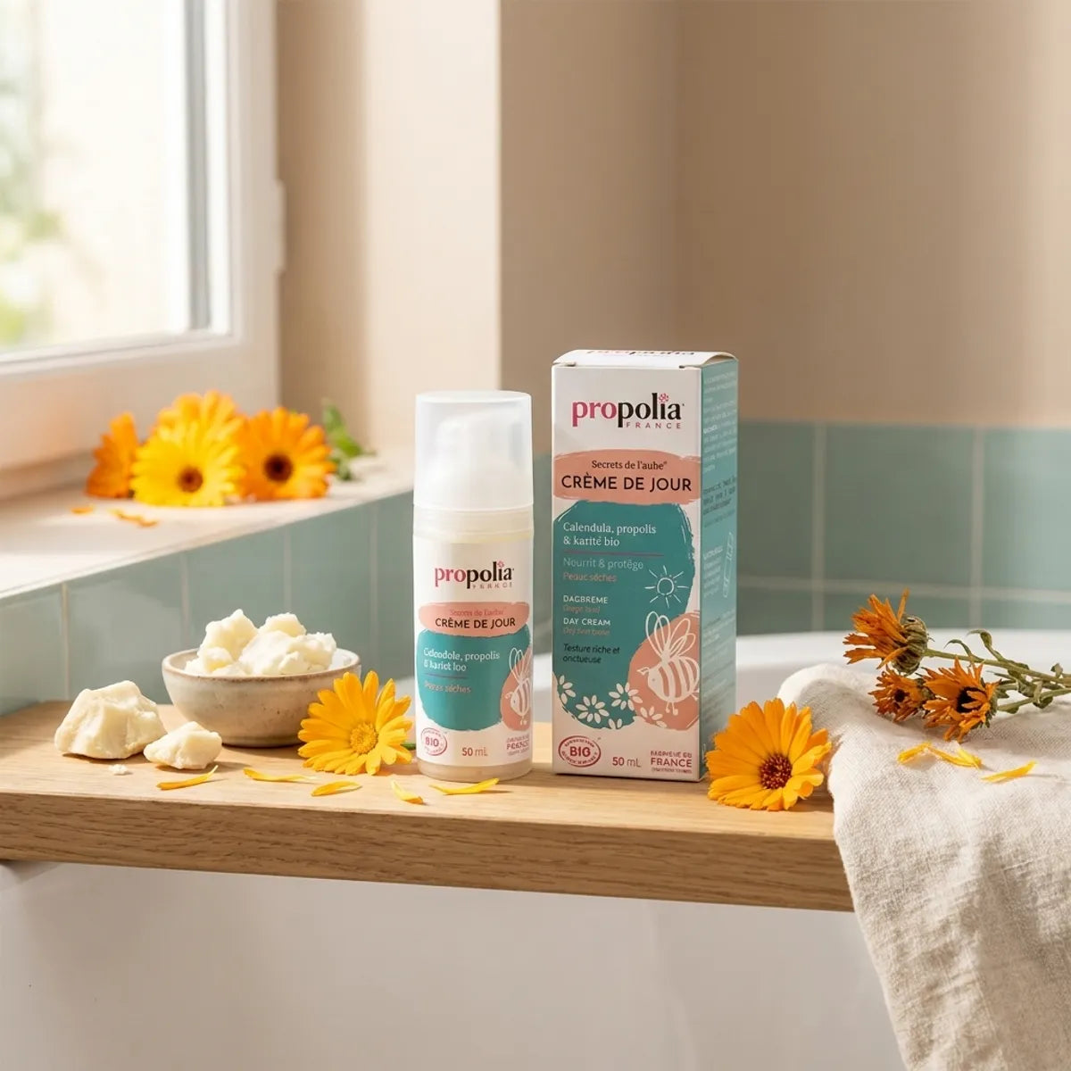 Crème de jour bio Propolia peaux sèches avec calendula et beurre de karité sur étagère