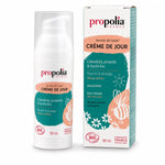 Crème de jour Bio Propolia peaux sèches 50mL, packaging teal et pêche avec calendula et beurre de karité