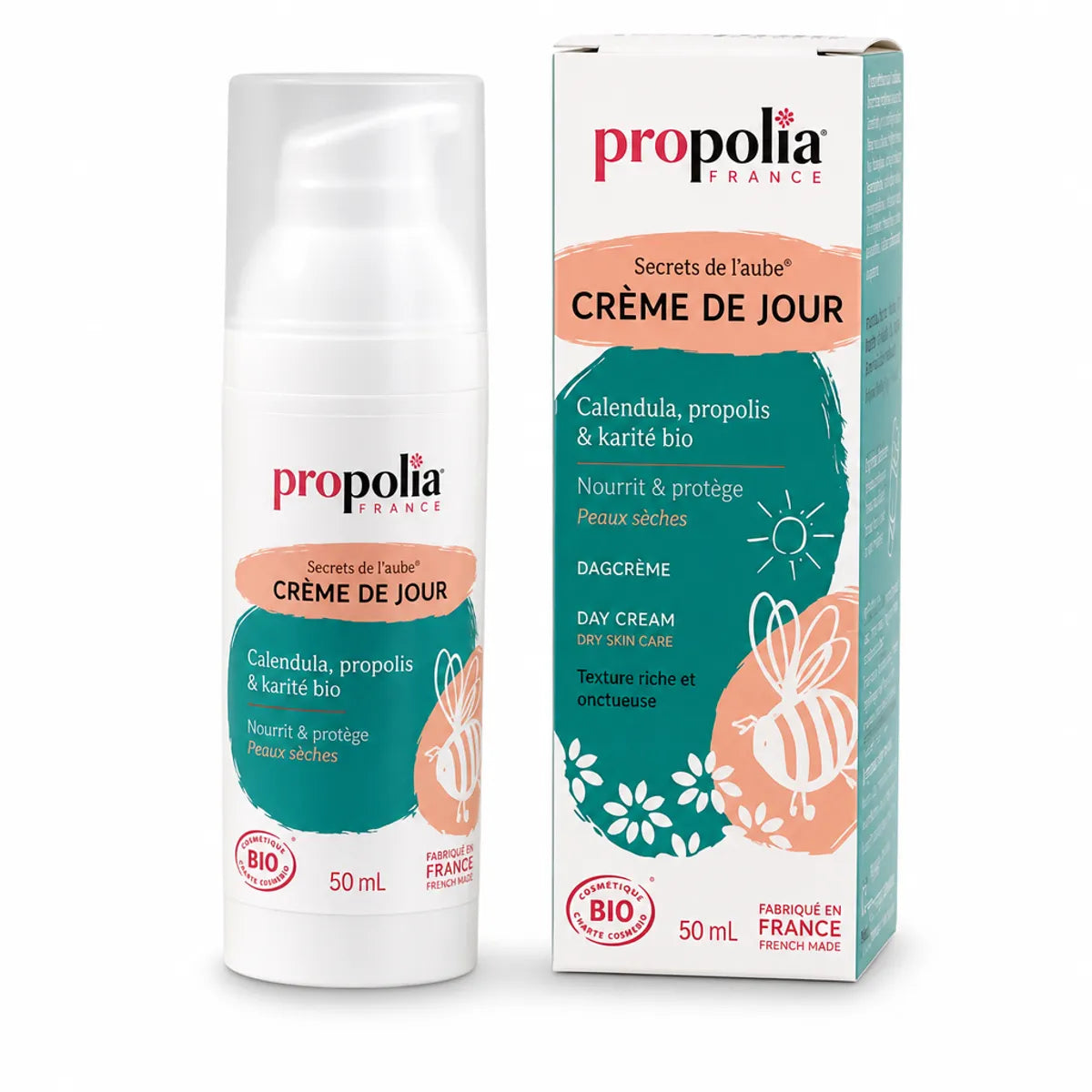 Crème de jour Bio Propolia peaux sèches 50mL, packaging teal et pêche avec calendula et beurre de karité