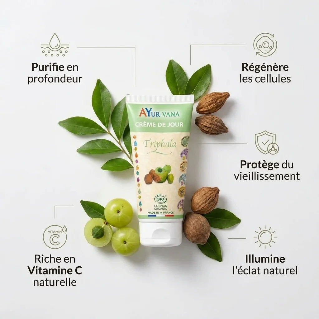 Crème de jour Triphala bio Ayurvana avec fruits amla, bénéfices visage naturels