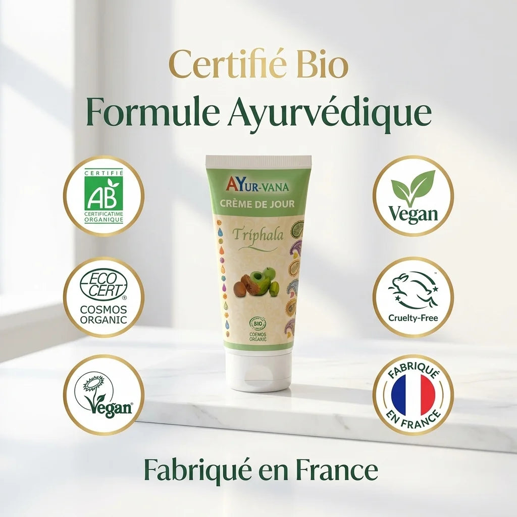 Crème de jour Triphala bio Ayurvana avec certifications AB et Cosmos Organic, fabriquée en France