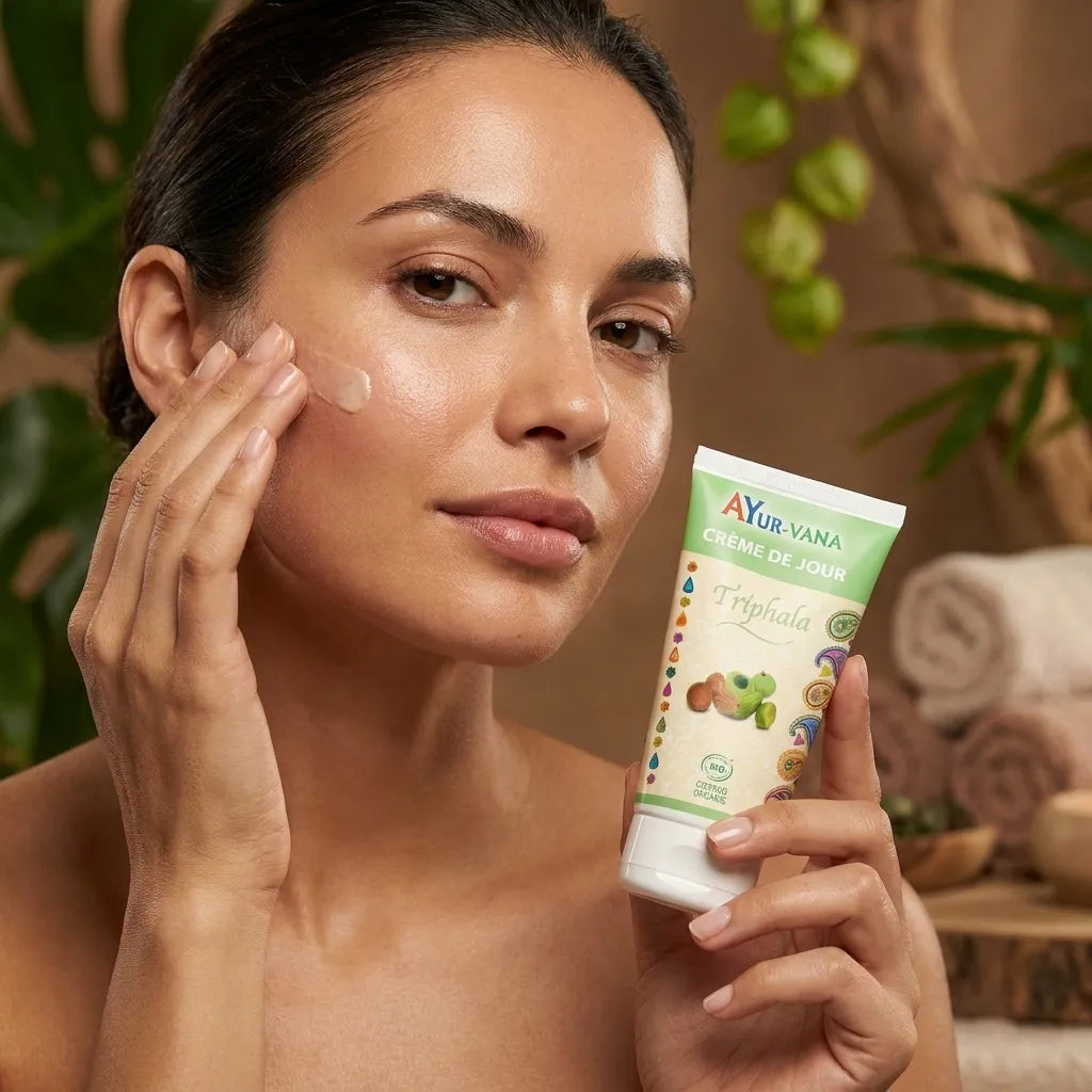 Femme appliquant crème de jour Triphala bio Ayurvana sur visage, peau lumineuse naturelle