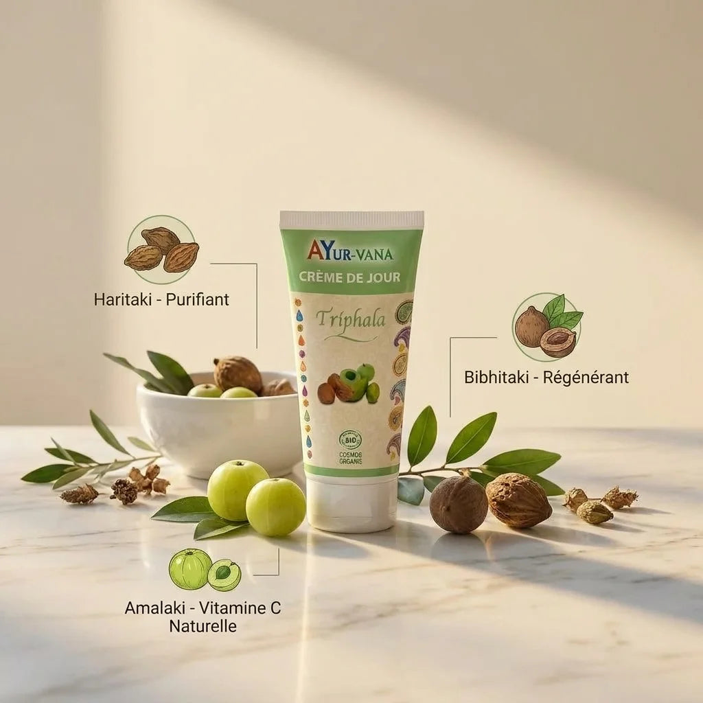 Crème de jour Triphala bio Ayurvana avec ingrédients botaniques et certification écologique