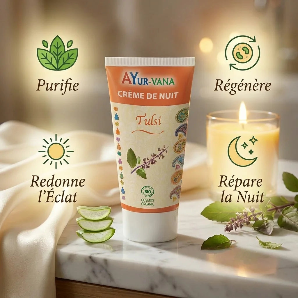 Crème de nuit Tulsi bio Ayurvana avec bénéfices purifie, régénère, éclat et réparation