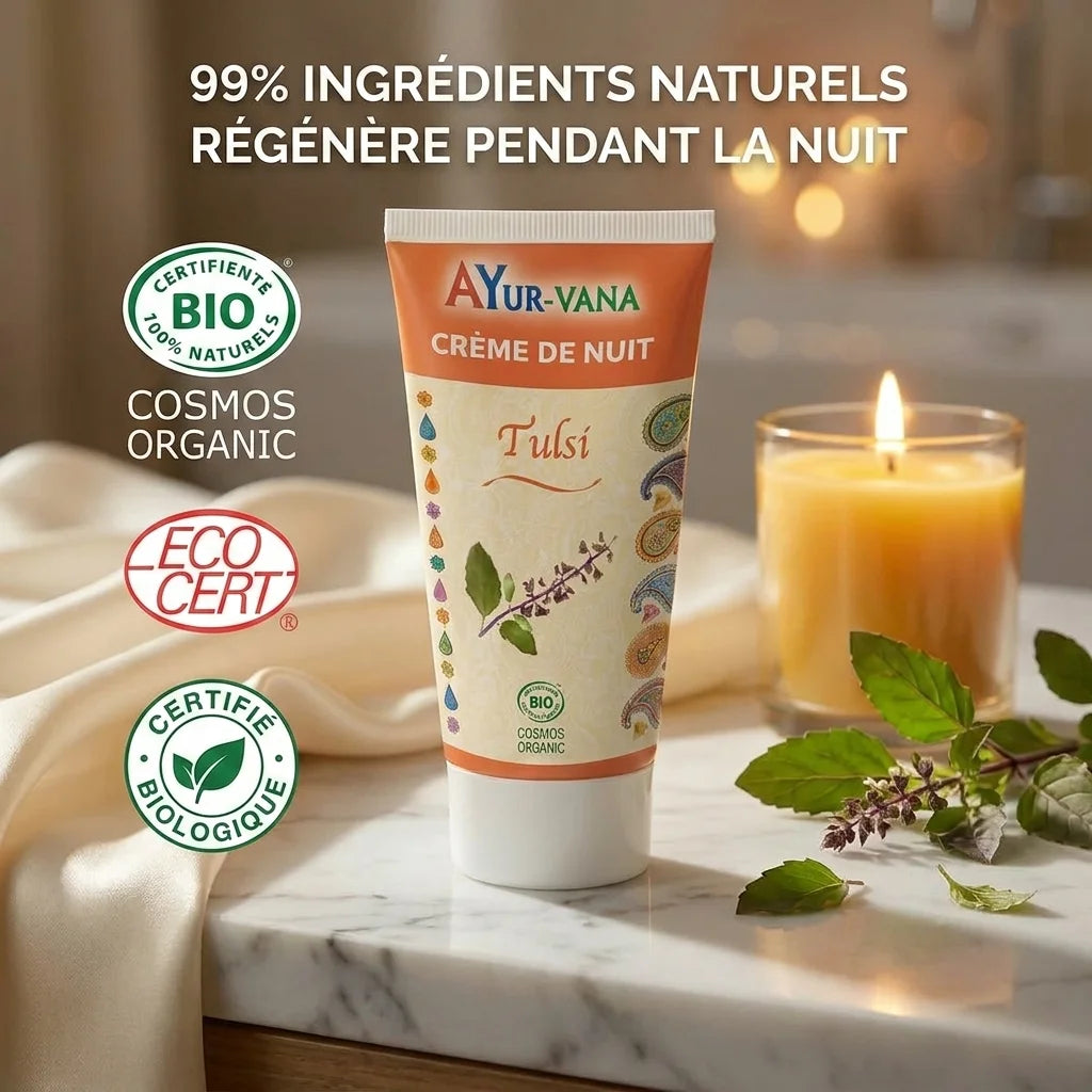 Crème de nuit Tulsi bio Ayurvana certifiée Ecocert avec ingrédients naturels