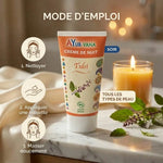 Crème de nuit Tulsi bio Ayurvana avec guide d'application et ingrédients naturels