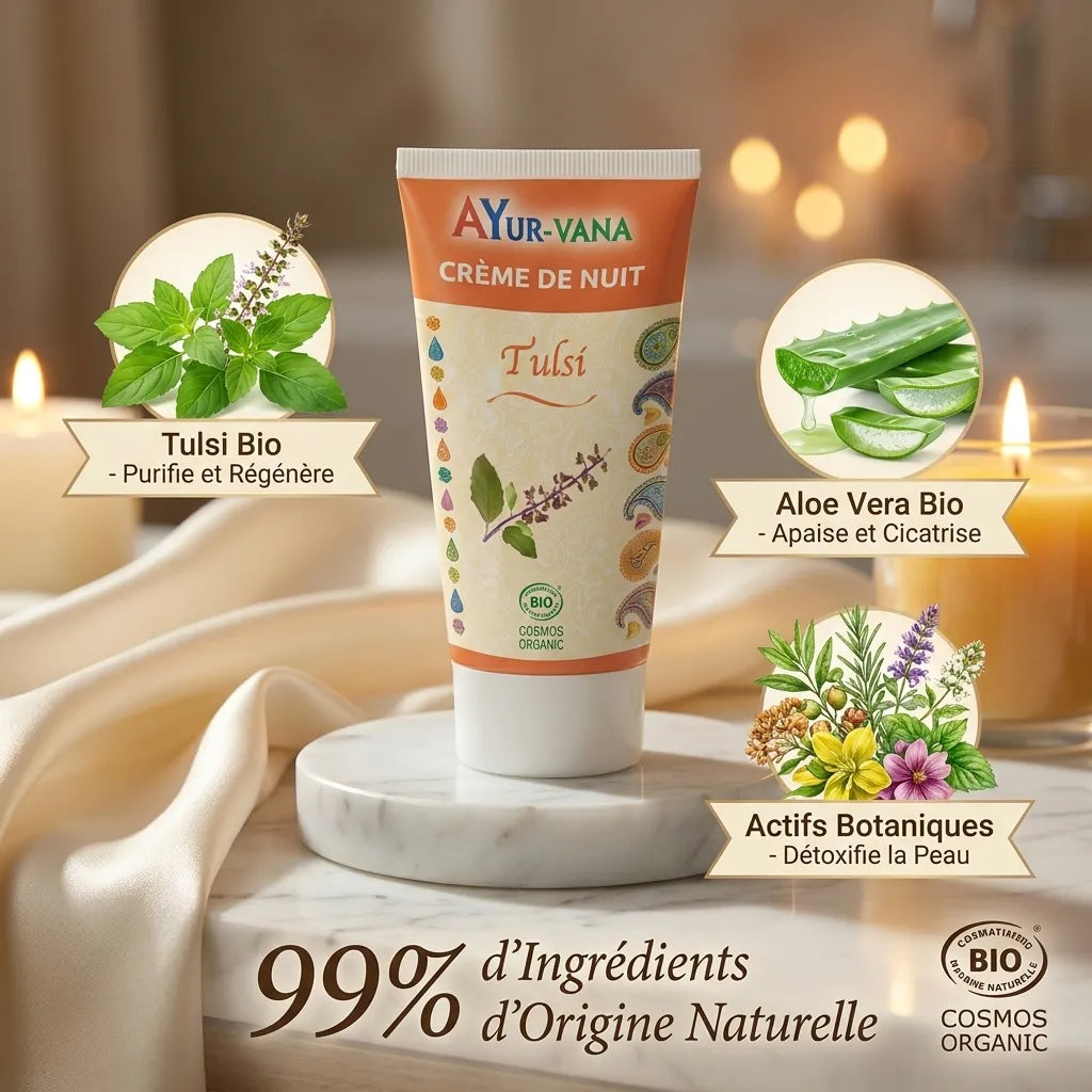 Crème de nuit Tulsi bio Ayurvana avec ingrédients naturels certifiés Cosmos