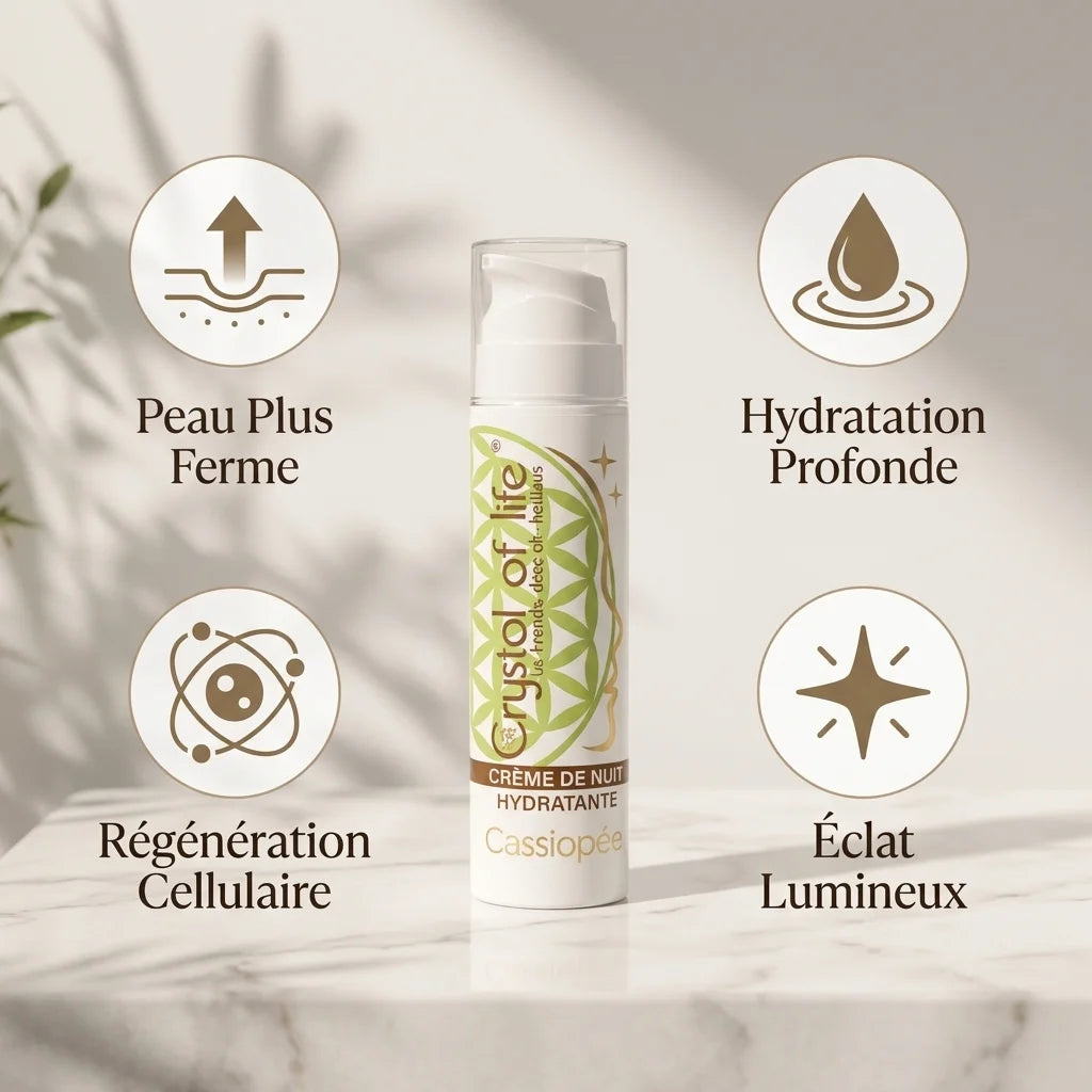 Crème de Nuit Cassiopée avec bénéfices : peau ferme, hydratation profonde, régénération cellulaire