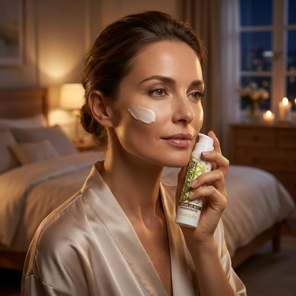 Femme appliquant la Crème de Nuit Cassiopée sur son visage dans une ambiance chambre relaxante