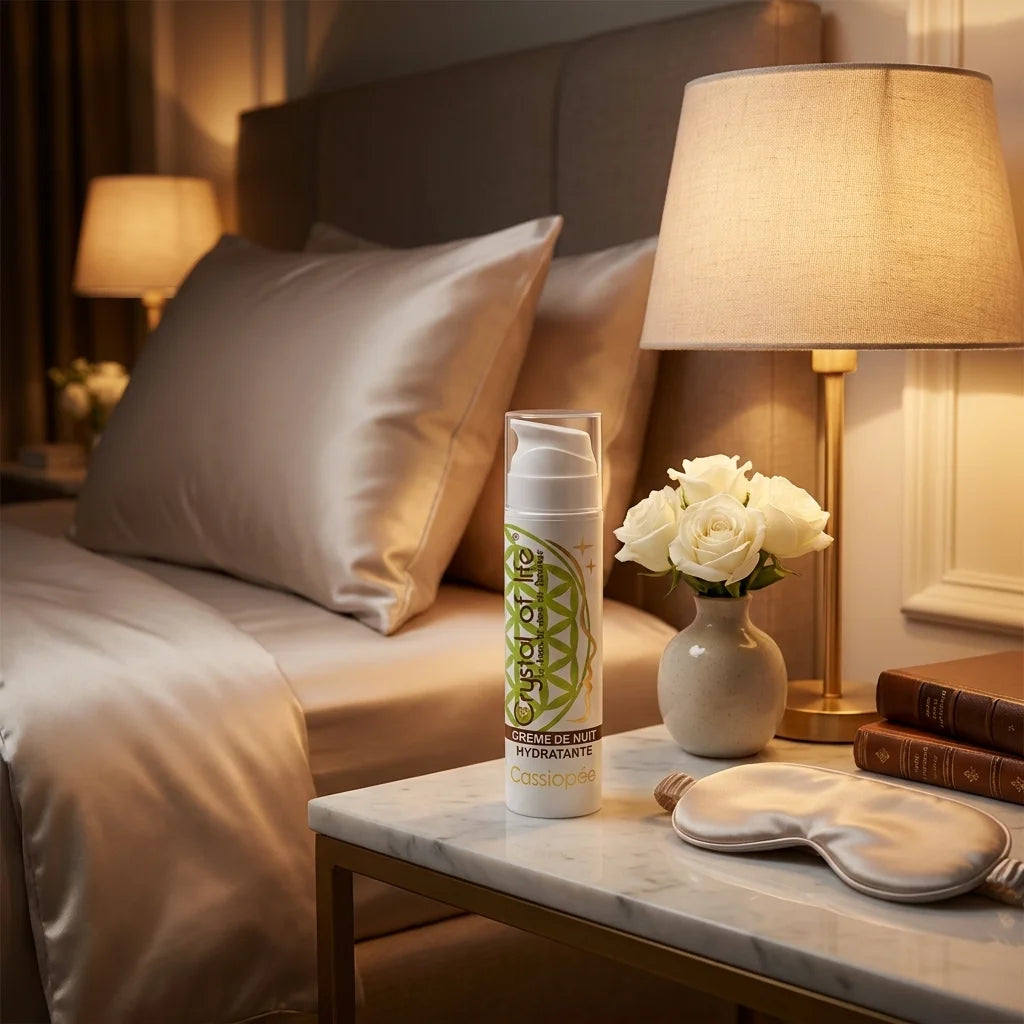 Crème de Nuit Cassiopée sur table de nuit luxe avec lampe et fleurs blanches