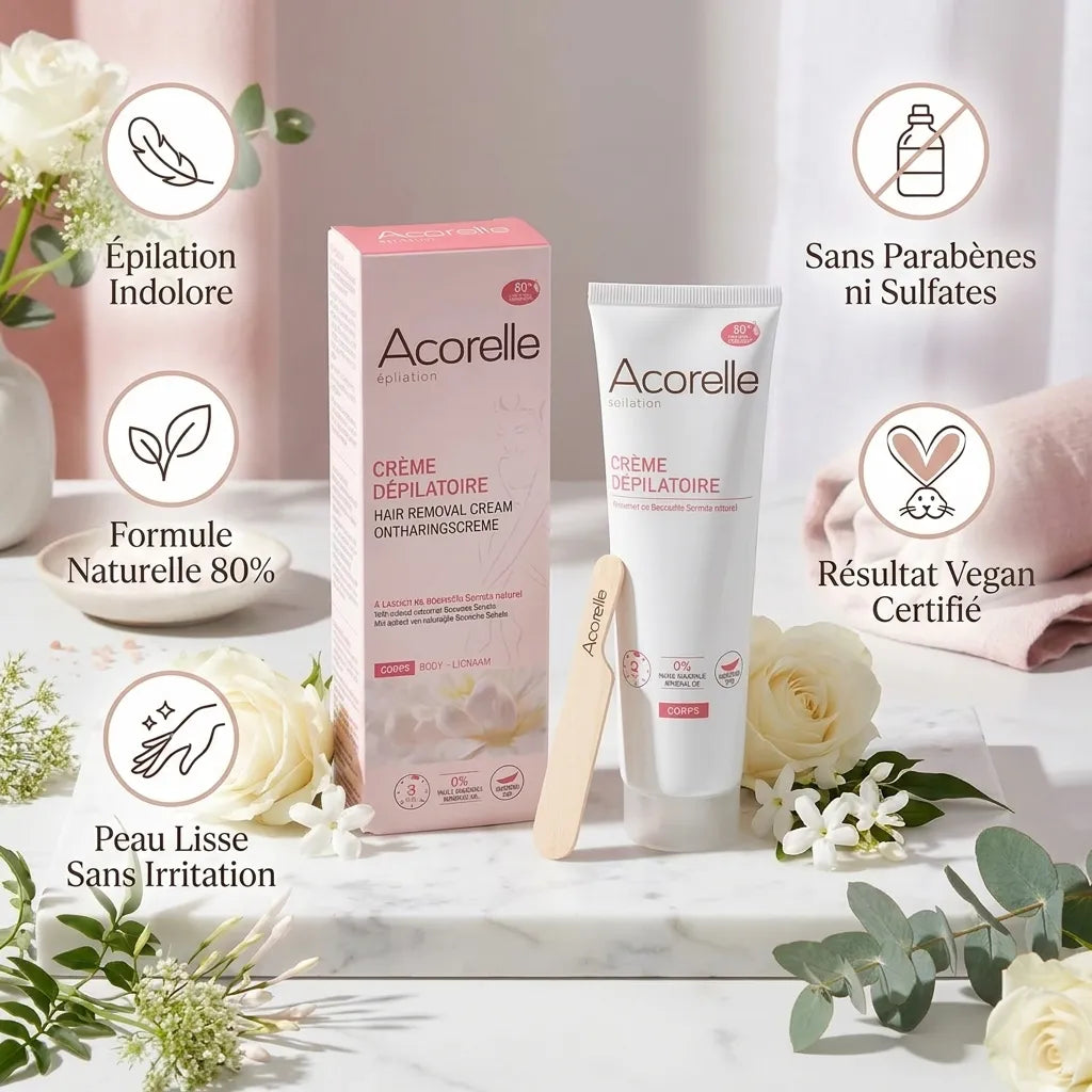Crème dépilatoire Acorelle vegan, formule naturelle 80%, sans parabènes, pour épilation indolore
