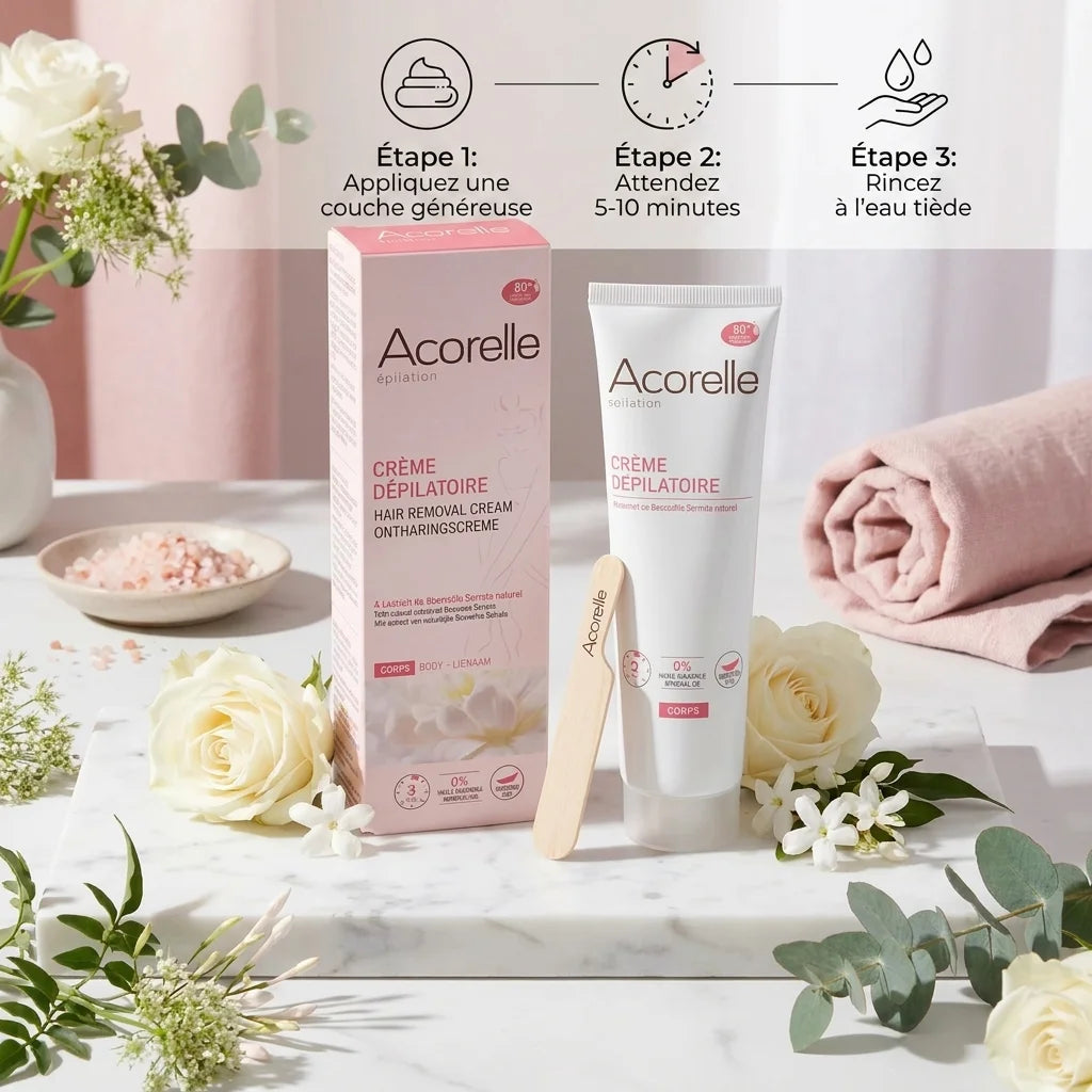 Crème dépilatoire vegan Acorelle avec guide d'application en 3 étapes et packaging rose sur fond spa
