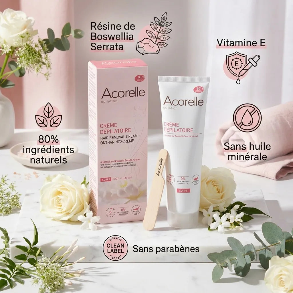 Crème dépilatoire vegan Acorelle avec ingrédients naturels et vitamine E sur fond blanc