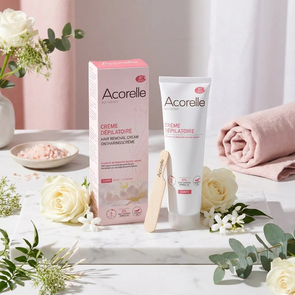 Crème dépilatoire Vegan Acorelle avec applicateur sur vanité marbre