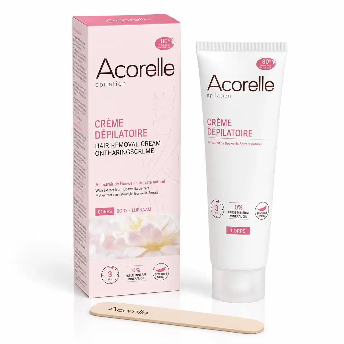 Crème dépilatoire vegan Acorelle - Boîte rose et tube blanc