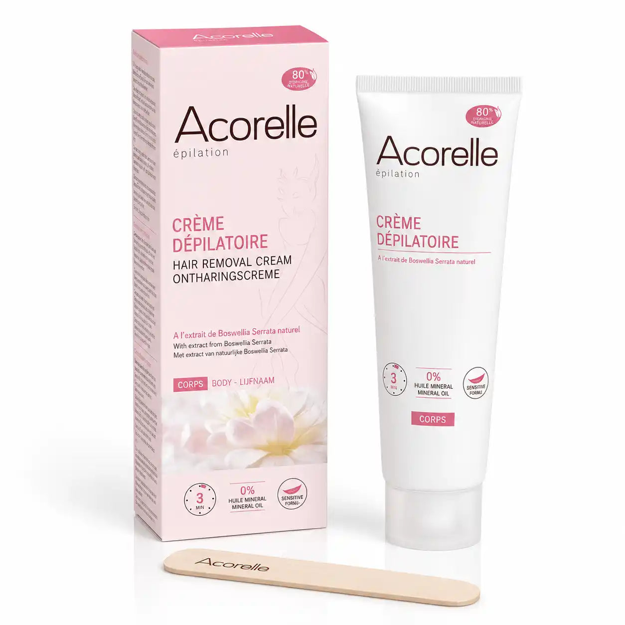 Crème dépilatoire vegan Acorelle - Boîte rose et tube blanc