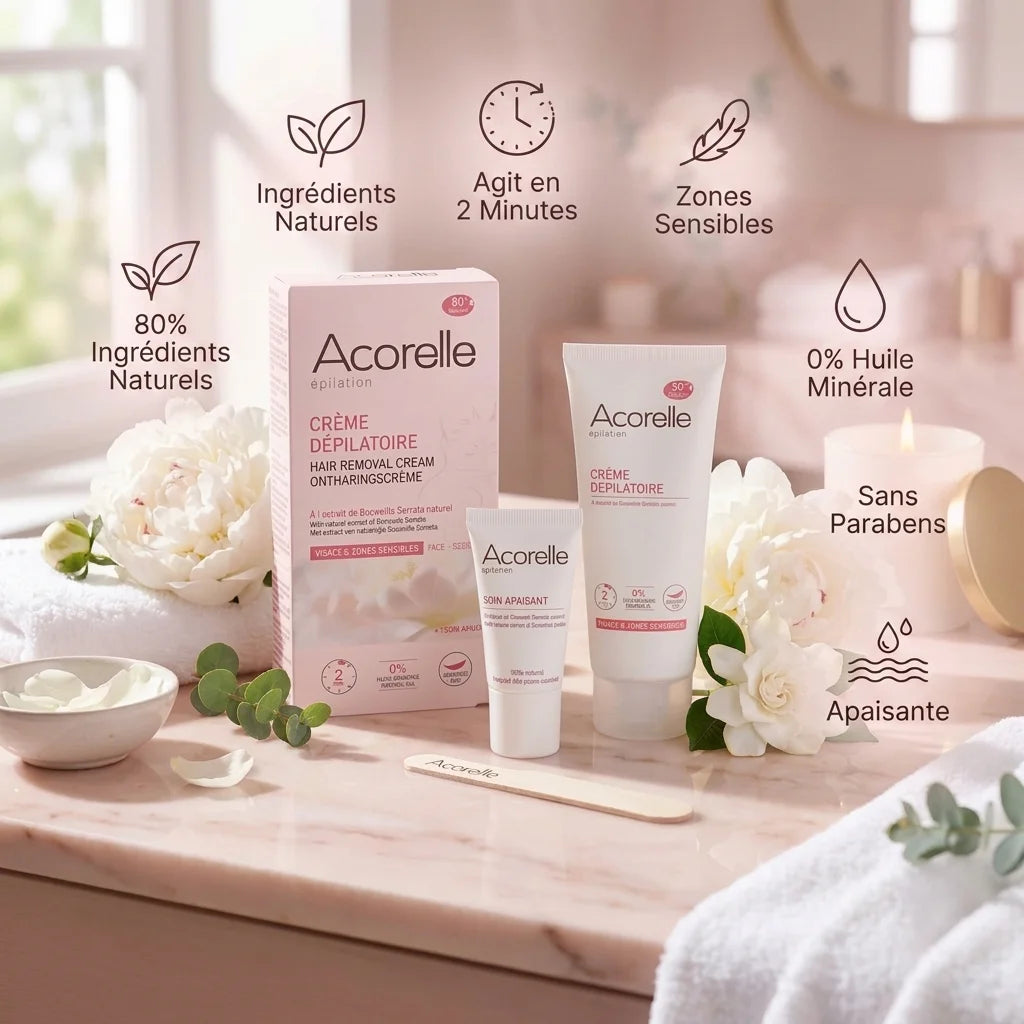 Crème dépilatoire visage Acorelle zones sensibles avec ingrédients naturels et bénéfices