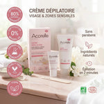 Crème dépilatoire visage Acorelle avec badges naturel, sans parabens et vegan