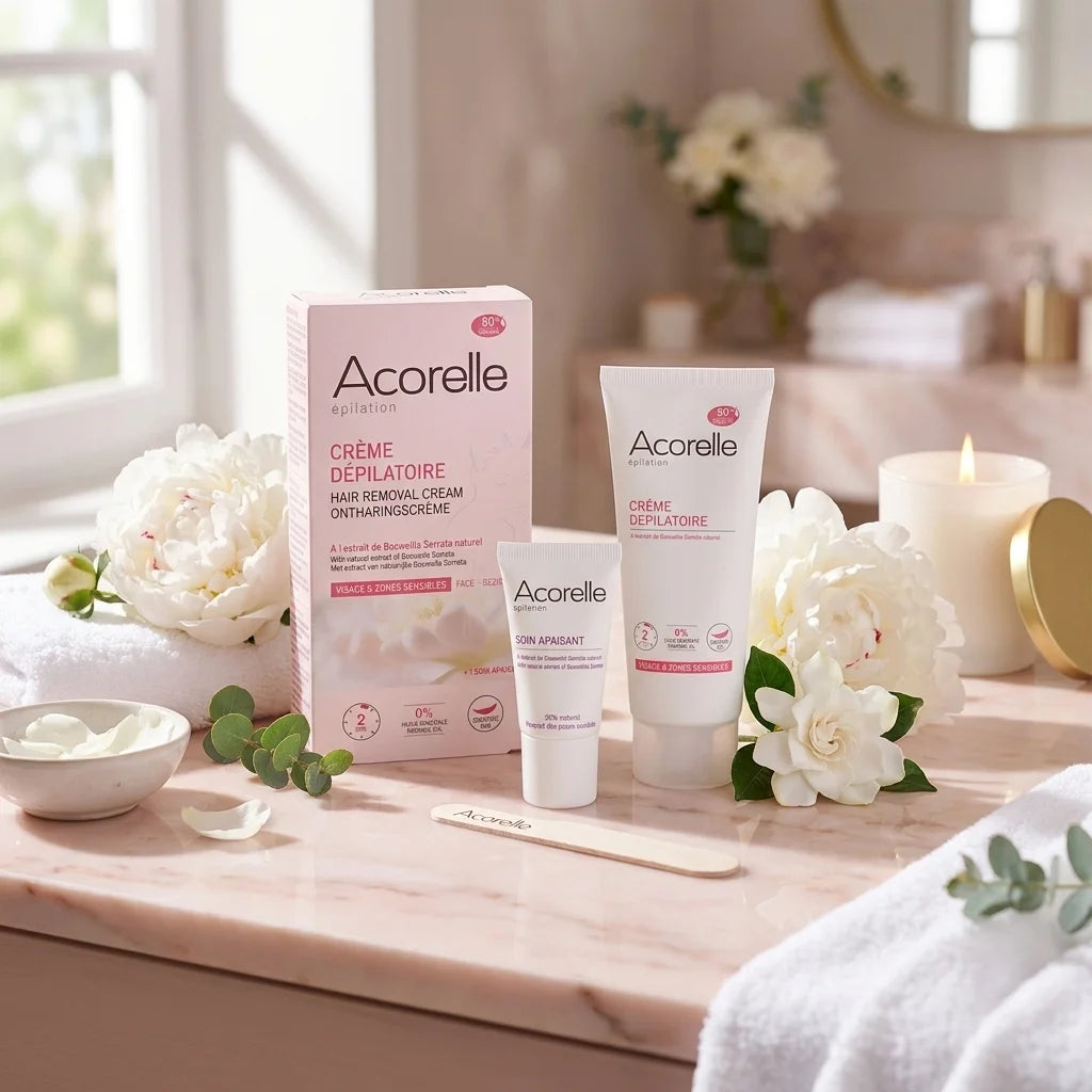 Crème dépilatoire Acorelle visage avec applicateur et crème apaisante sur marbre rose
