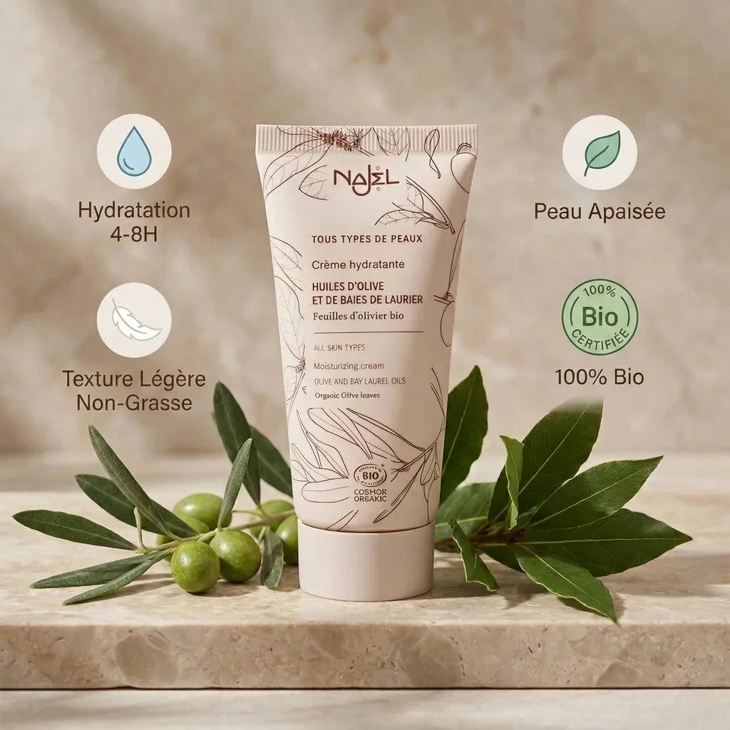 Crème hydratante bio Najel avec bénéfices : hydratation, peau apaisée, texture légère, certification bio