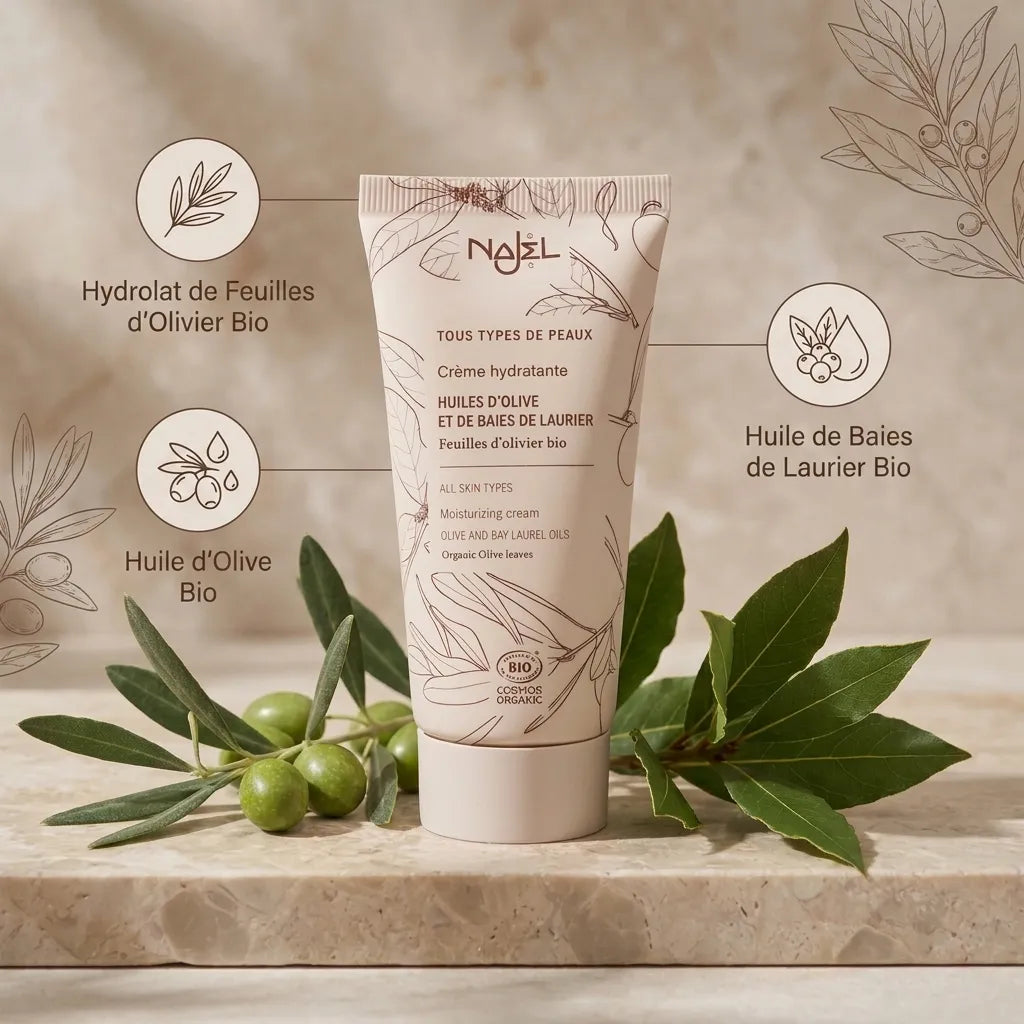Crème hydratante bio Najel avec ingrédients naturels olive et laurier sur fond marbre