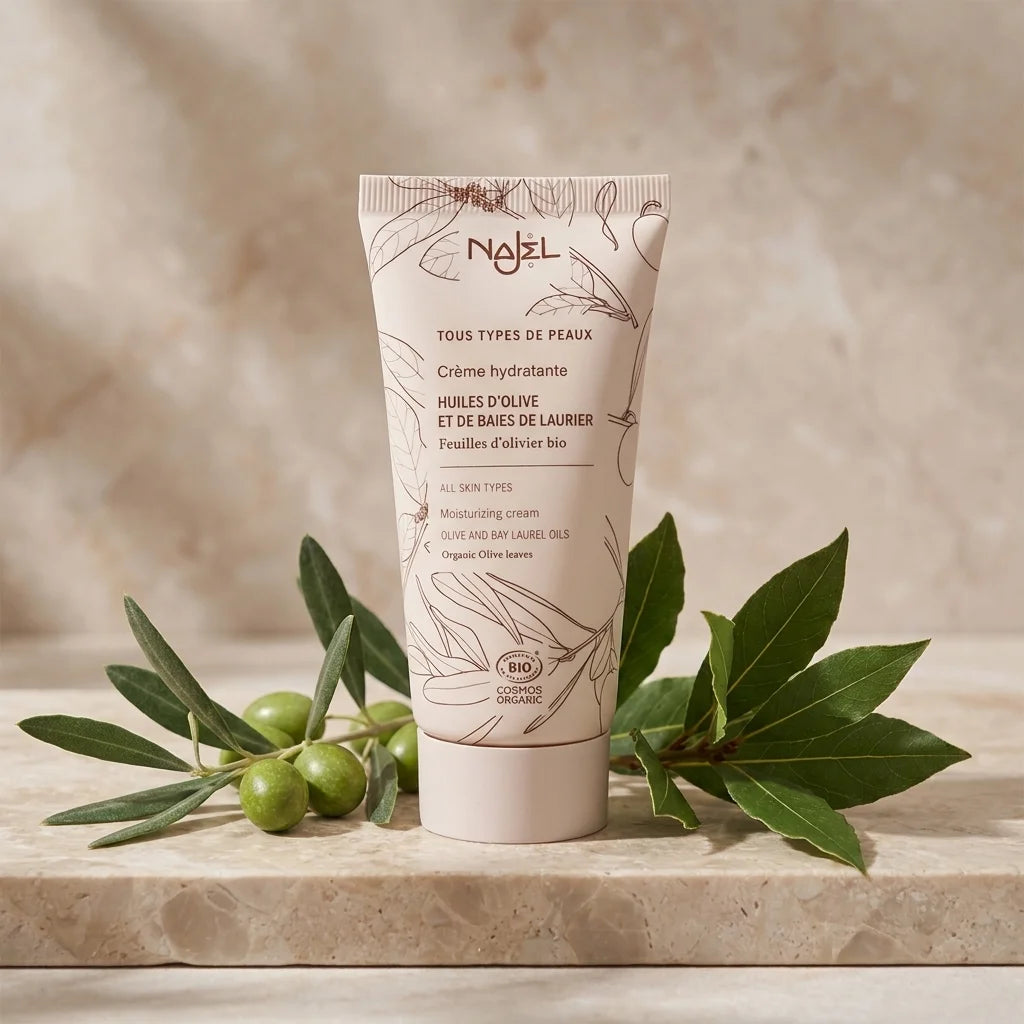 Tube de crème hydratante bio Najel sur marbre avec branches d'olivier et laurier