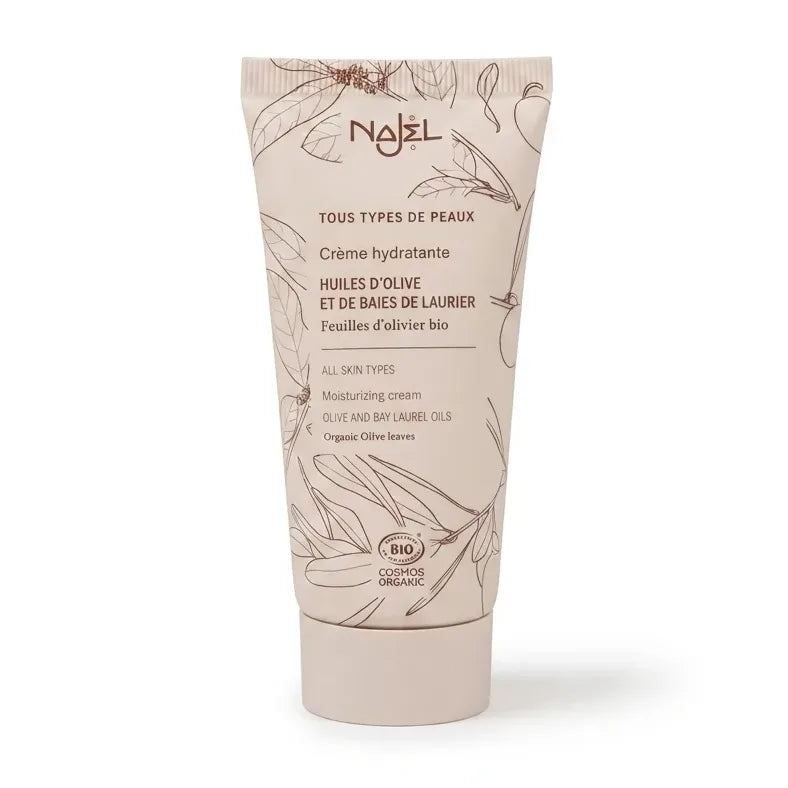 Crème hydratante bio Najel à l'huile d'olive et laurier, tube blanc beige sur fond blanc