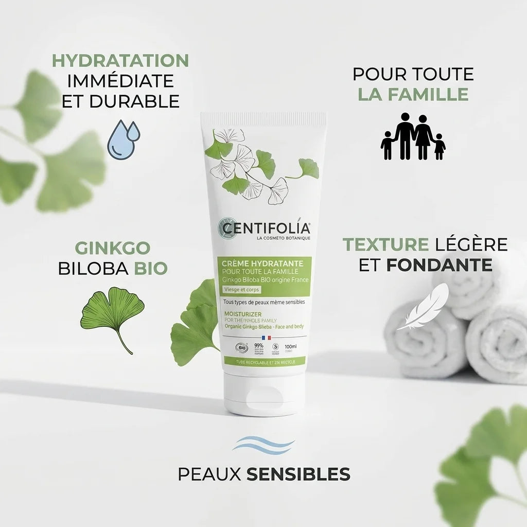 Crème hydratante Centifolia bio vegan 100ml avec ses 5 bénéfices : hydratation, famille, ginkgo biloba, texture légère, peaux sensibles