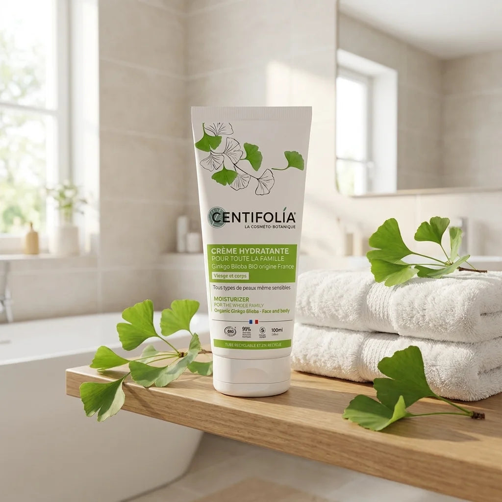 Crème hydratante bio Centifolia 100ml vegan avec feuille ginkgo biloba sur étagère salle de bain