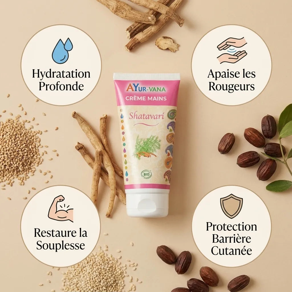 Crème mains Shatavari bio Ayurvana avec bénéfices : hydratation, apaisement rougeurs, souplesse