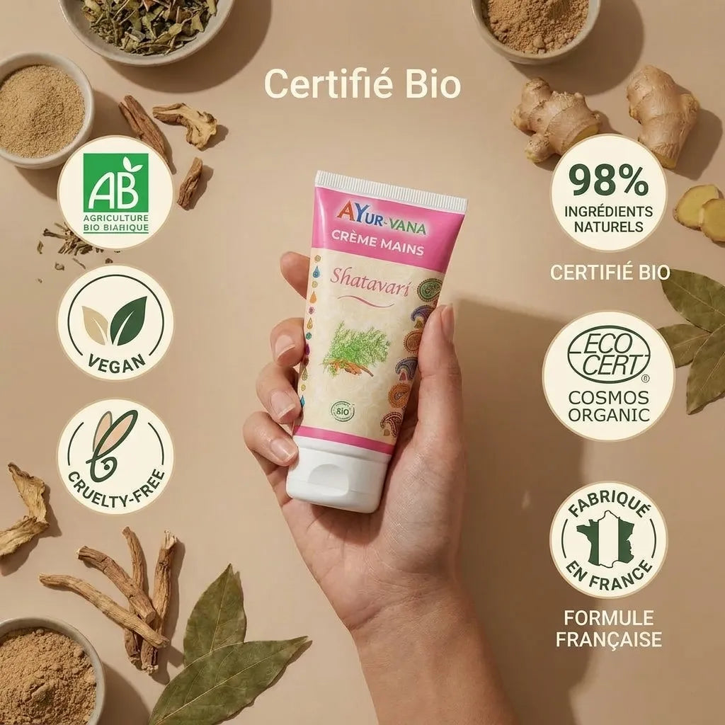 Crème mains Shatavari bio Ayurvana certifiée avec ingrédients naturels et labels écocert