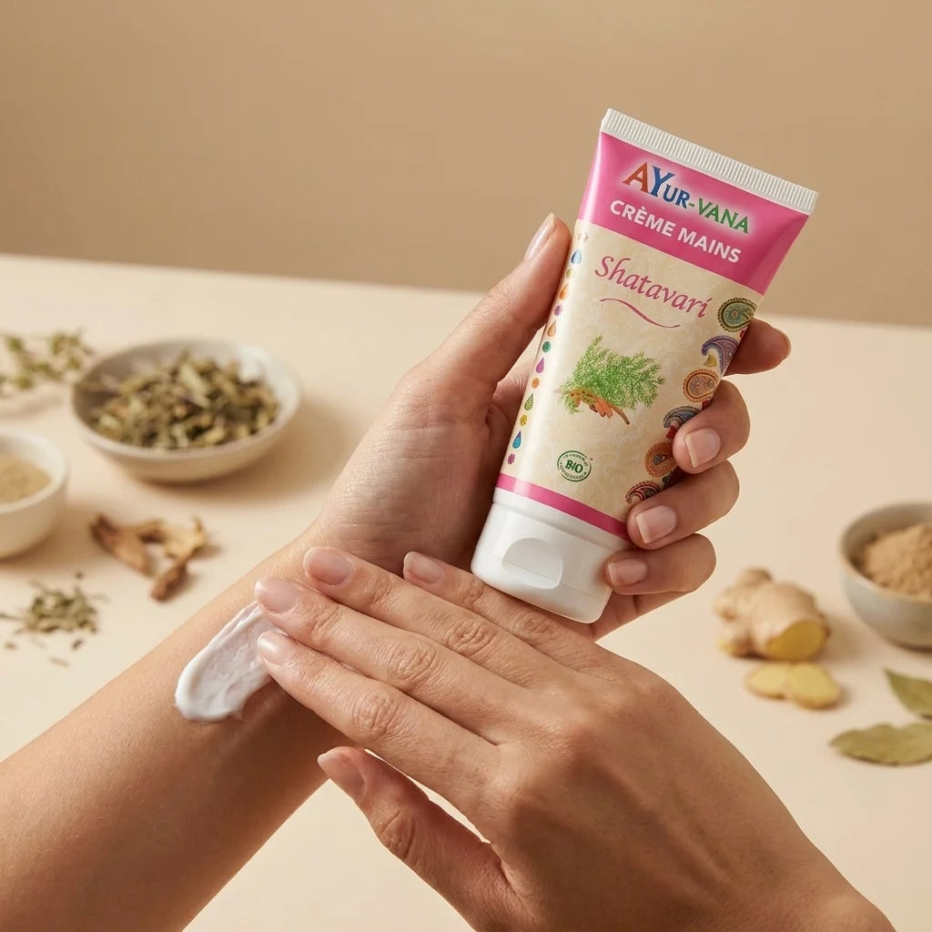 Crème mains Shatavari bio Ayurvana application texture hydratante packaging rose