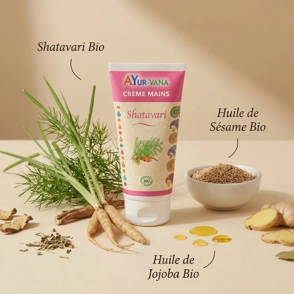 Crème mains Shatavari bio Ayurvana avec ingrédients naturels et huiles organiques