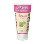 Tube de crème mains Shatavari bio Ayurvana sur fond blanc, produit cosmétique naturel