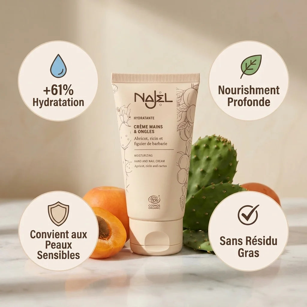 Crème mains bio Najel Abricot Figuier Barbarie avec bénéfices hydratation et nutrition