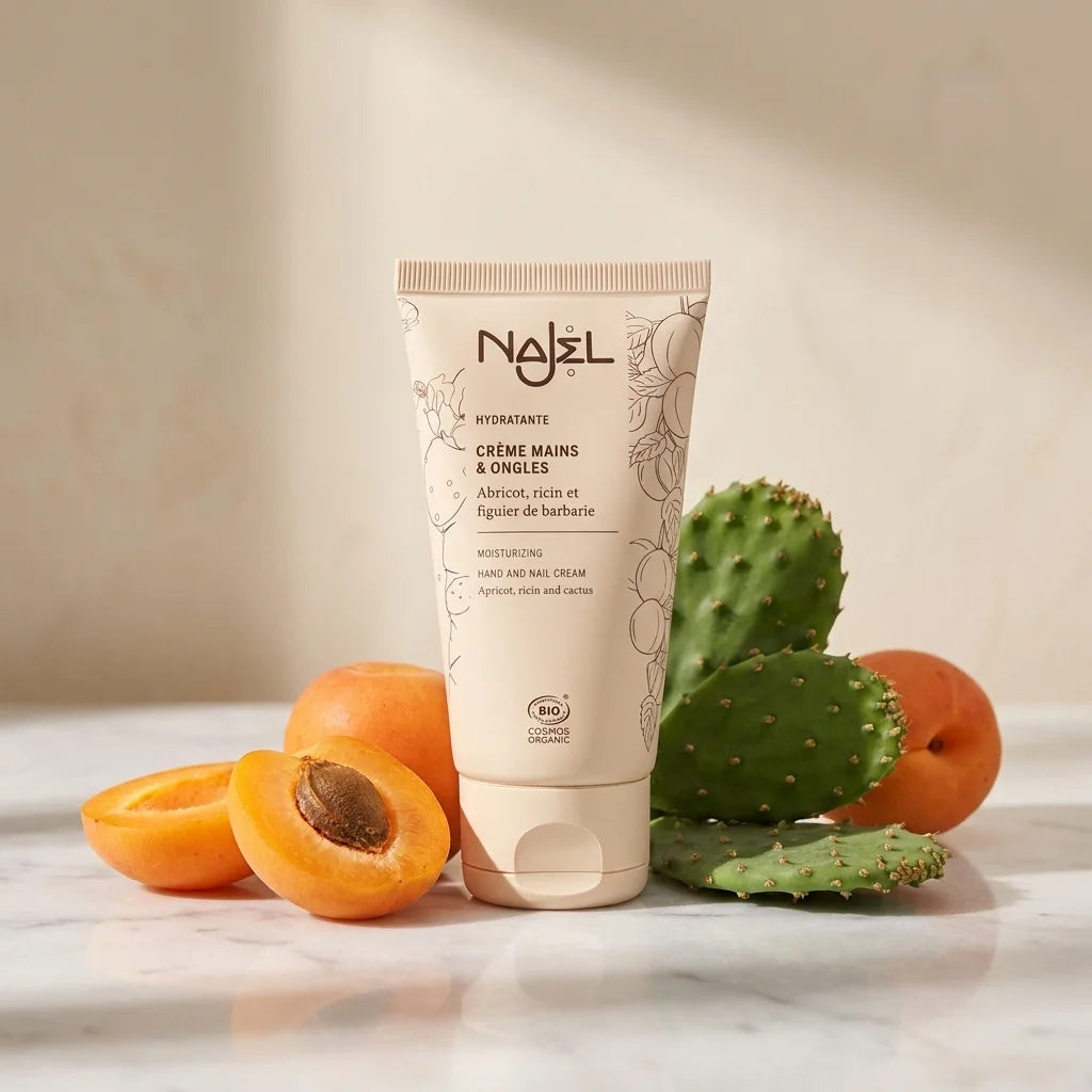 Crème mains bio Najel à l'abricot et figuier de Barbarie sur marbre avec fruits frais