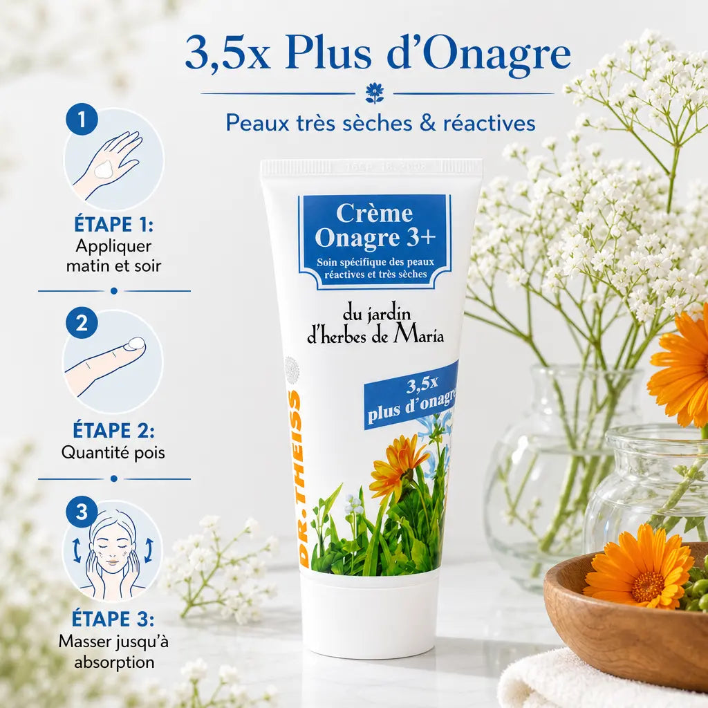 Crème Onagre Réparatrice 3+ Dr. Theiss tube avec instructions application et fleurs botaniques