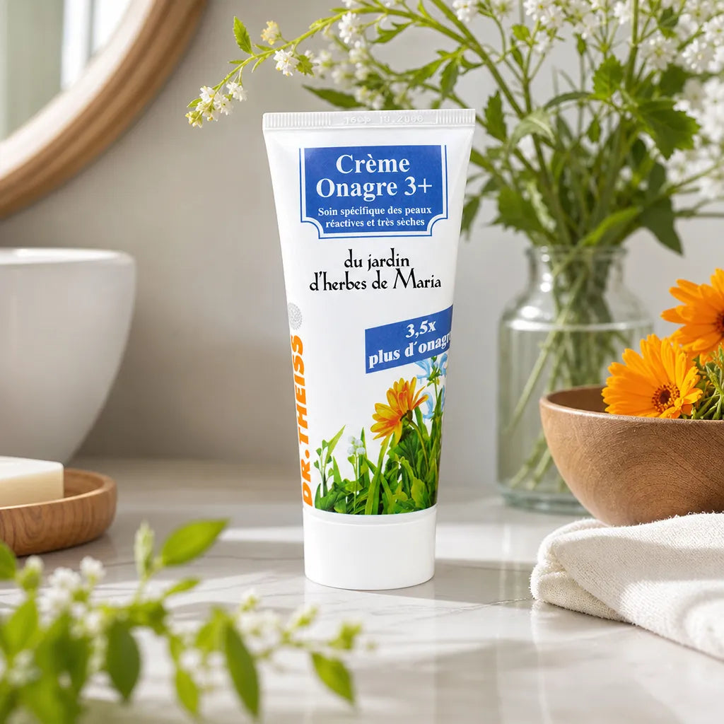 Crème Onagre Réparatrice Dr. Theiss 3+ tube sur vanité salle de bain avec calendula