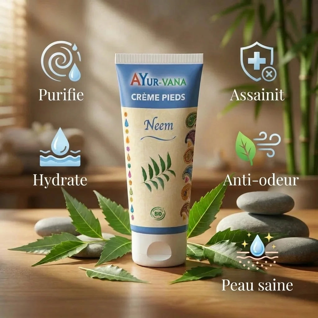 Crème pieds Neem bio Ayurvana avec bénéfices : purifie, assainit, hydrate, anti-odeur, peau saine
